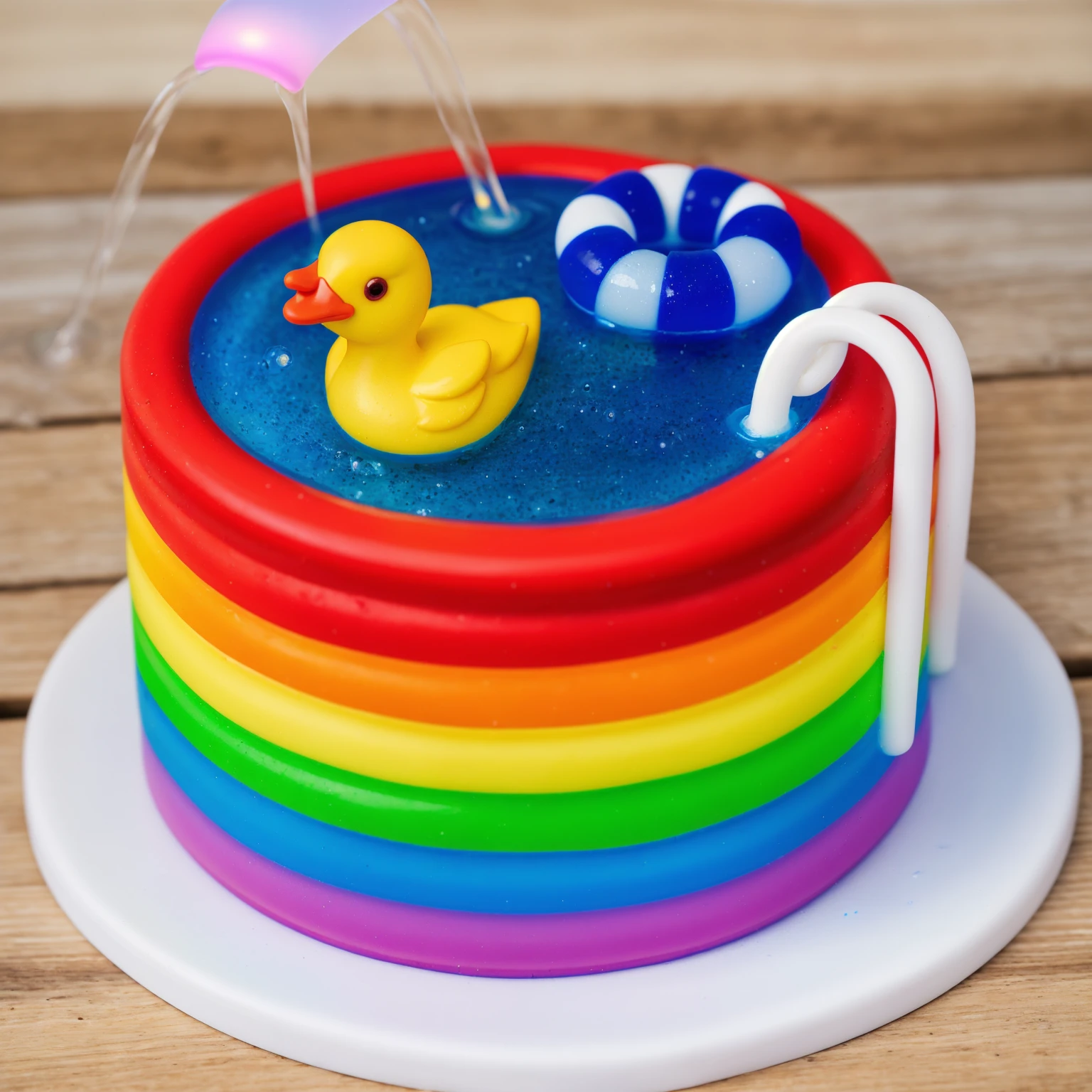 on a wooden table. there is a white plate with a rainbow cake in the form of a polymer clay pool, on the table there is a BLUE checkered tablecloth, there are STAR candies on the table next to them, ON THE TABLECLOTH IS A RAINBOW MADE OF POLYMER CLAY. against the background of the kitchen, against the background of the window,vase with Flowers, against the background of the window, bright lighting, Realistic style , realistic texture, detailed texture, a high resolution, high quality