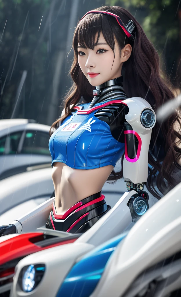 actual,photoactual,masterpiece,best quality,1 female robot，Beautiful female robot),looking at the audience,{{masterpiece}},Flat 胸部best quality},alone,beautiful clear face(Rain waves_haneame：1.5)