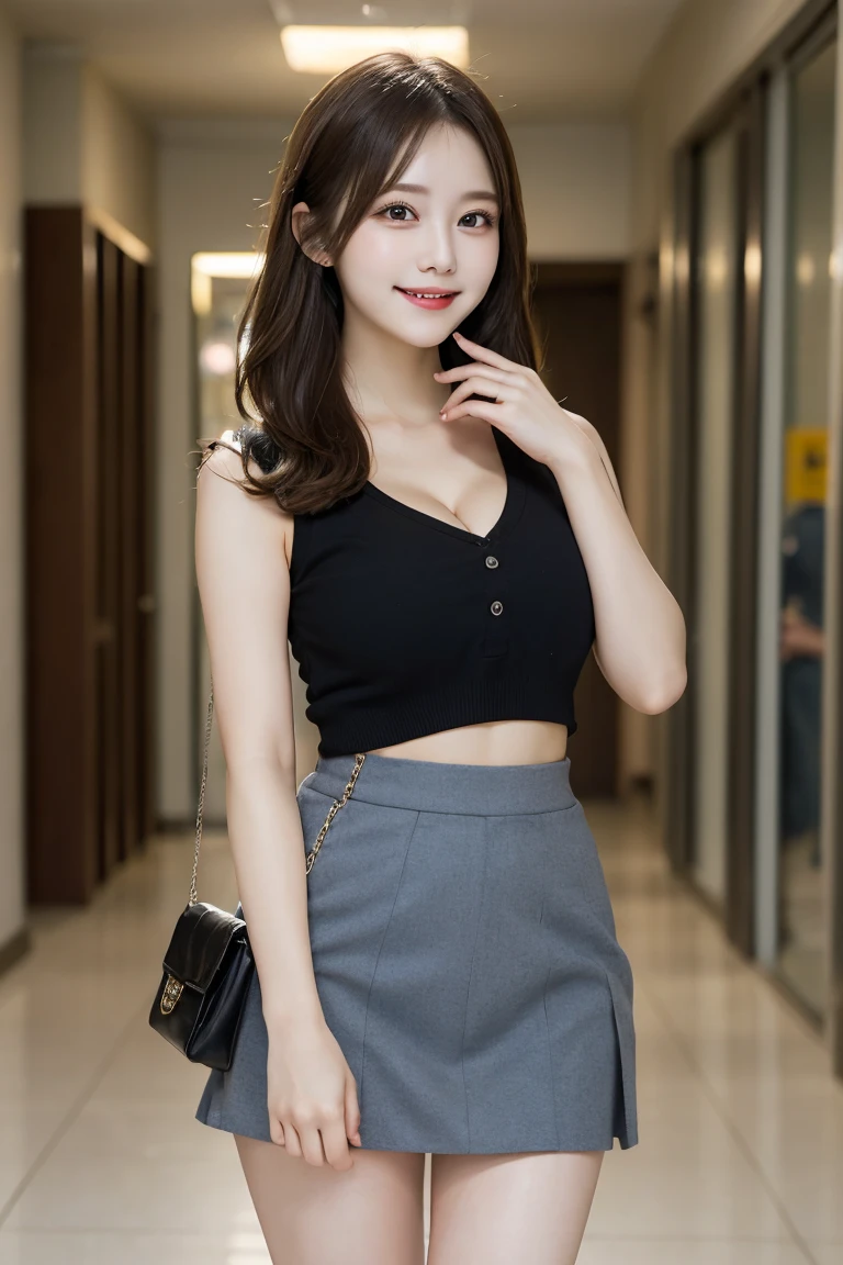 School Corridor, Highest quality, shape, Very detailed, In detail, High resolution, 8k wallpaper, Perfect dynamic composition, Beautiful details, Natural Lip, Tight skirt, Big Breasts, Cleavage, She is smiling in a cute pose.., A masterpiece of the whole body, Side Short