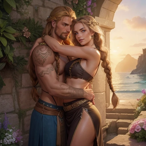 Couple embracing, A young Dolf Lundgren as Heman from the masters of the universe, robust, handsome, holding a beautiful woman from behind , Lucy Pinder, buxom and completely naked Lucy Pinder as Sorceress, butt crack visible , embracing him, upper body, closeup,under a waterfall, smiling