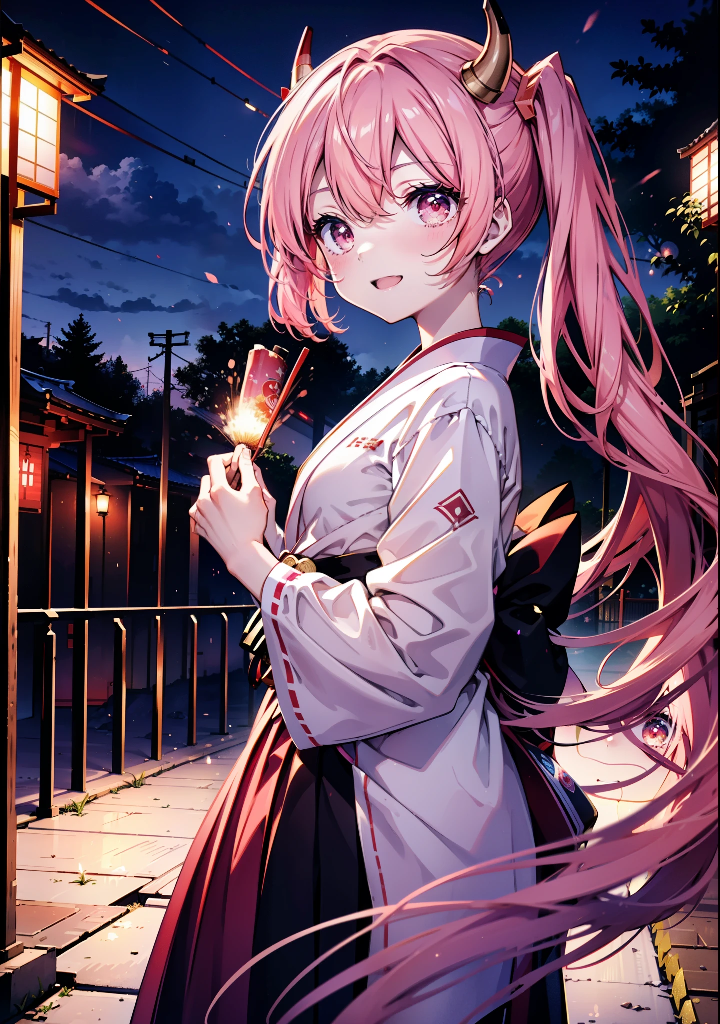 Aria h kanzaki,horn,Pink Hair,Long Hair,low 　Twin tails,Red eyes,happy smile, smile, Open your mouth,pink kimono,Thick sleeves,Long skirt,日本のfestival,夏festivalの屋台,Red Lantern,night,night空のfirework,firework,場所はfirework大会,時間はnightです,sunny day,turn around,as if,walk,　　　　　　　　　　　　　　　  　　　　　break looking at viewer, Upper Body, (Cowboy Shot:1. 5),  　　　　　
break outdoors, festival,shrine,
break (masterpiece:1.2), Highest quality, High resolution, unity 8k wallpaper, (shape:0.8), (Beautiful attention to detail:1.6), Highly detailed face, Perfect lighting, Highly detailed CG, (Perfect hands, Perfect Anatomy),