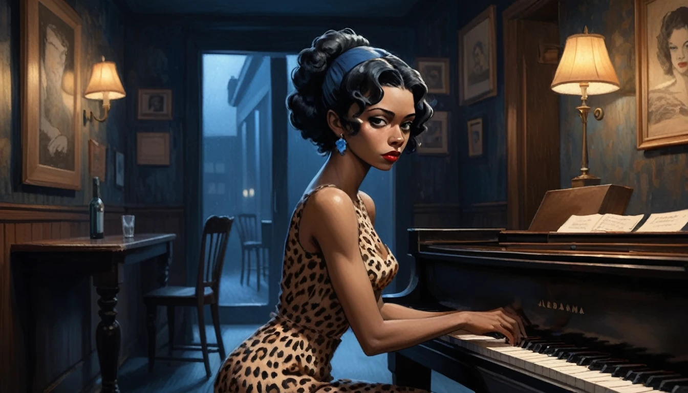 robert johnson, gritty, alabama bar, blue note, charismatic , leopard skin dress, illustration, noir fantasy, lone lady, sad ending, pianist