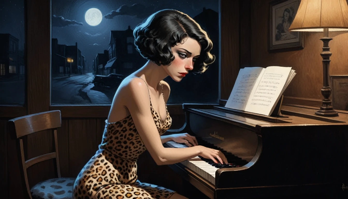 robert johnson, gritty, alabama bar, blue note, charismatic , leopard skin dress, illustration, noir fantasy, lone lady, sad ending, pianist