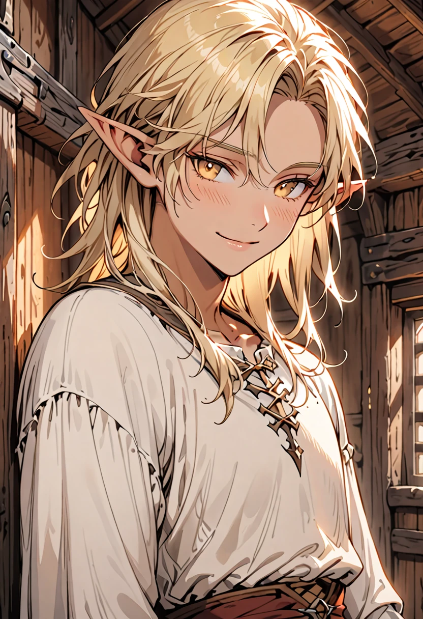 male, solo, slim waist, fit, long luscious blonde hair, yellow eyes, elf, light tan skin, clean shaven, blush, cabin indoors, medieval clothes, young, feminine male, smile, shy pose, loose poet shirt, close up