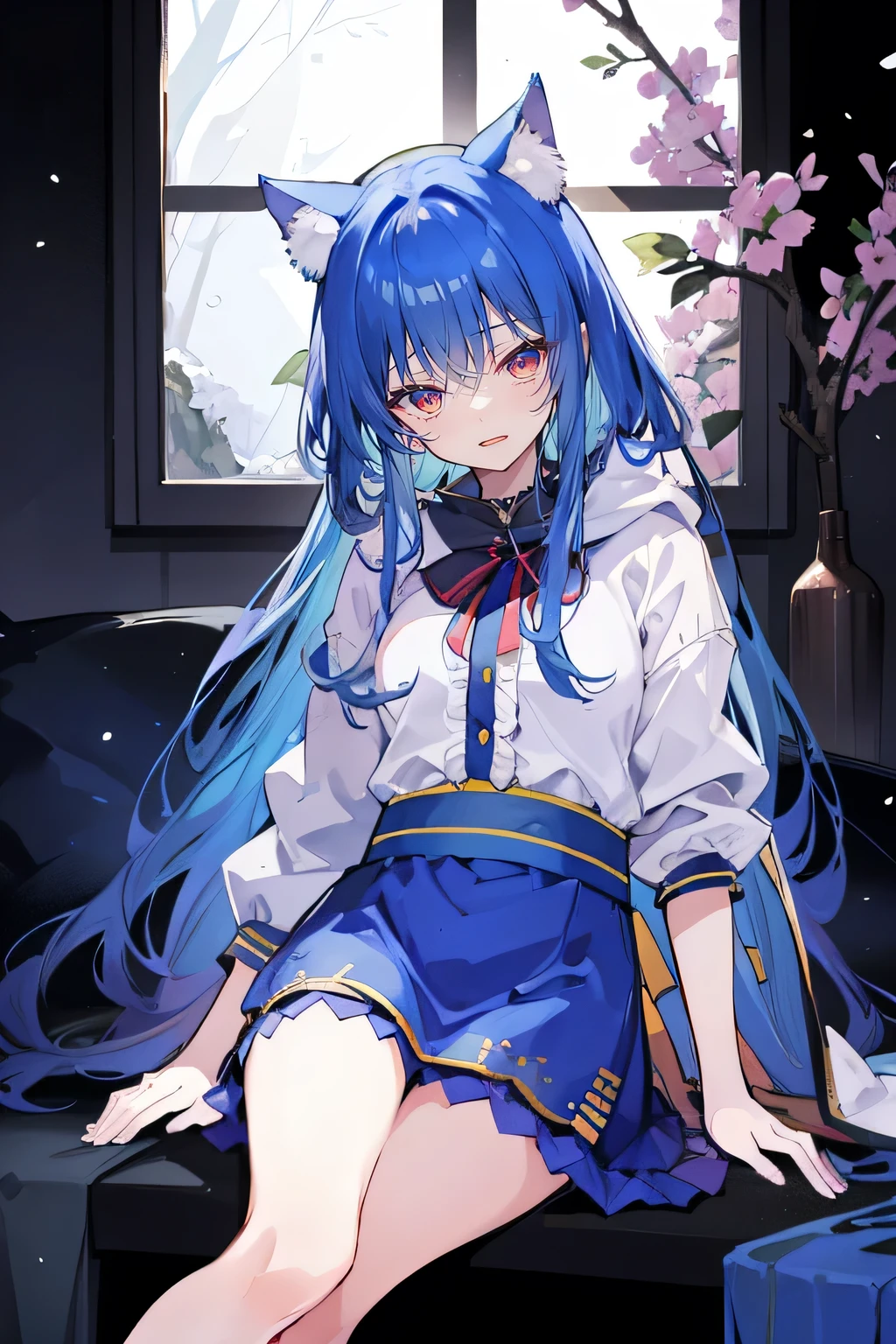 (masterpiece:1.2),Super detailed,lifelike,Expressive eyes,fair skin,perfect face shape,1 girl,
Japanese comics,Gorgeous blue hair,flowing blue hair,flowing clothes,Cat ears,Petals fall,beautiful lola,Baby Angel,
Shaking head with one hand,Cross your legs,Gentle and peaceful background,The pavilion is cool and comfortable,smile, wearing hoodie, In front of the window,snowing,Clear sky,Witch costume,Sitting sideways。