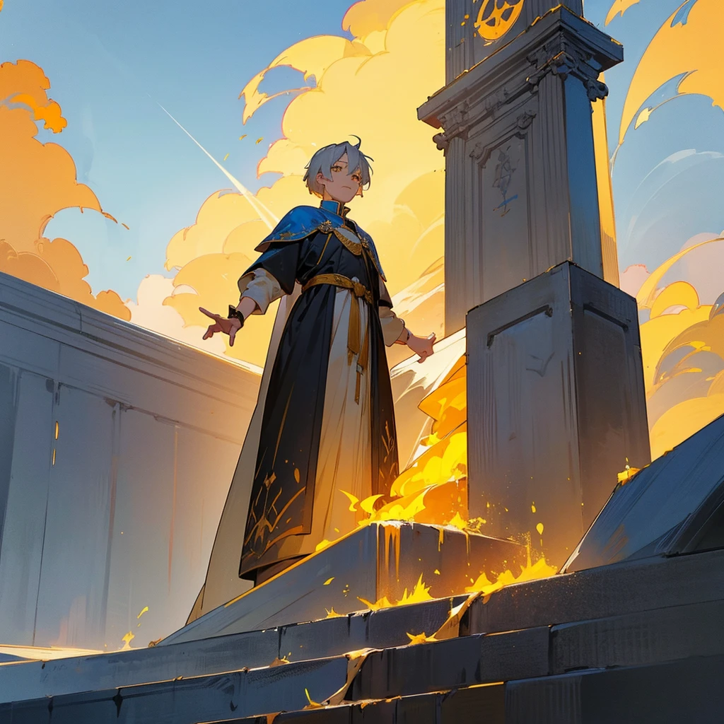 Attention to detail, Clarity, 8 kilometers, Throne of Fire, Young man, 18-year-old, Light grey hair, short hair, Yellow Eyes, Blue sky in the background, Walk up the flaming stairs to the heavens、To the throne before me, realism, Fantasy,