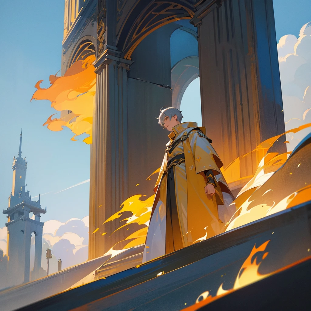 Attention to detail, Clarity, 8 kilometers, Throne of Fire, Young man, 18-year-old, Light grey hair, short hair, Yellow Eyes, Blue sky in the background, Walk up the flaming stairs to the heavens、To the throne before me, realism, Fantasy,