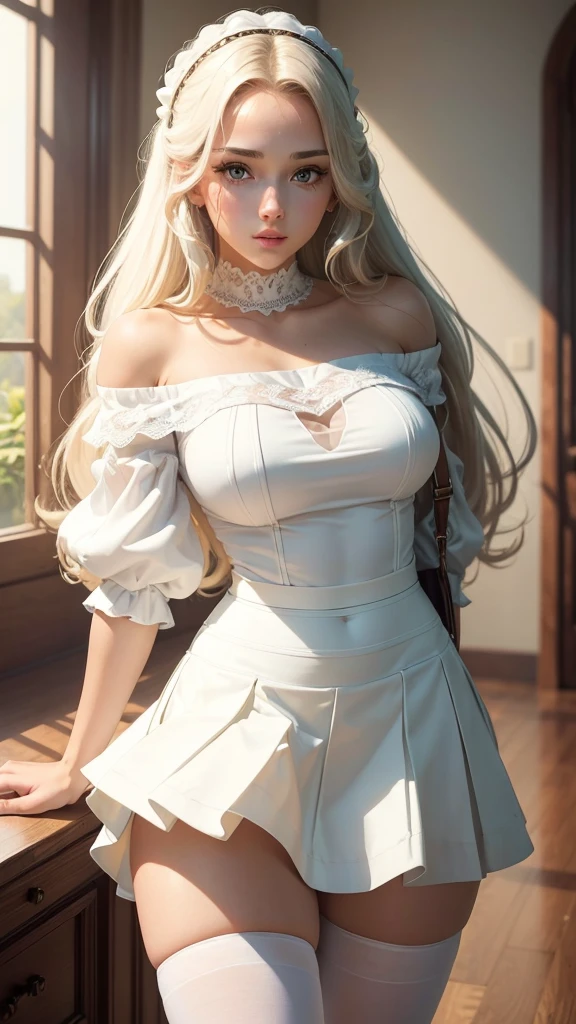 ((Best quality)), ((masterpiece)), (detailed),
1 girl, very hot physique, long light hair, neat facial features, white off-shoulder blouse, short white tennis skirt, and high white stockings, she doesn't wear shoes, she has big hot breasts, who pops out of her blouse, pulling it on.
