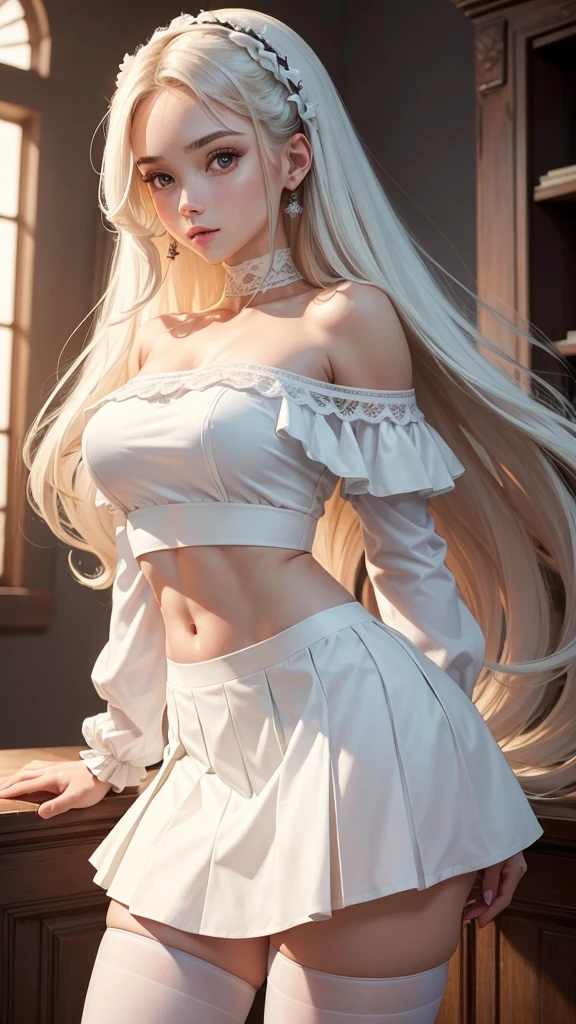 ((Best quality)), ((masterpiece)), (detailed), 
1 girl, very hot physique, long light hair, neat facial features, white off-shoulder blouse, short white tennis skirt, and high white stockings, she doesn&#39;t wear shoes, she has big hot breasts, who pops out of her blouse, pulling it on.