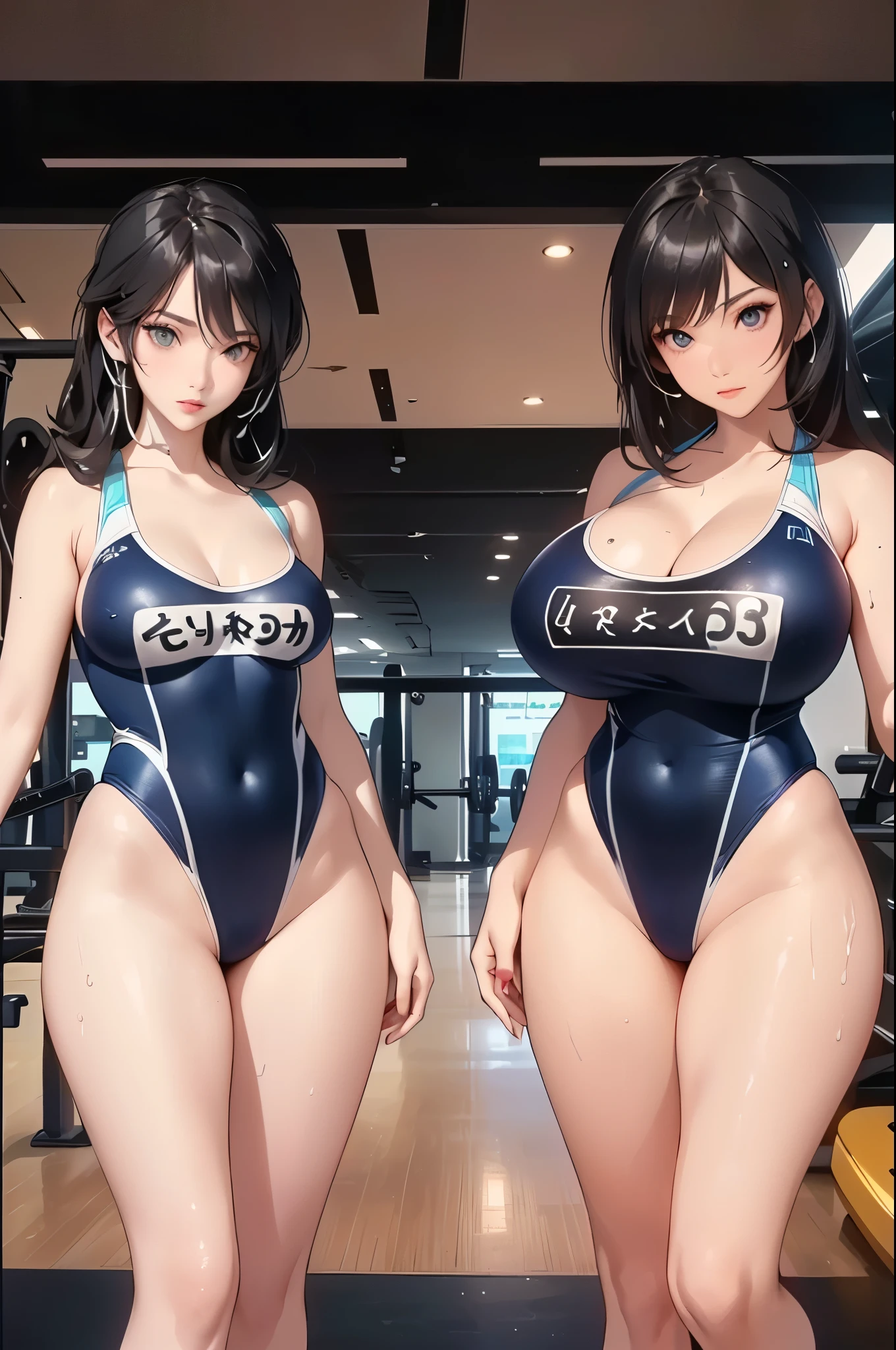 arafed woman in a black bikini and blue hair posing in a gym, an anime drawing by Kentaro Miura, pixiv, process art, seductive anime girl, thicc, realistic bikini, , [ 4 k digital art ]!!, is wearing a swimsuit, anime girls, top rated on pixiv, pixiv 3dcg