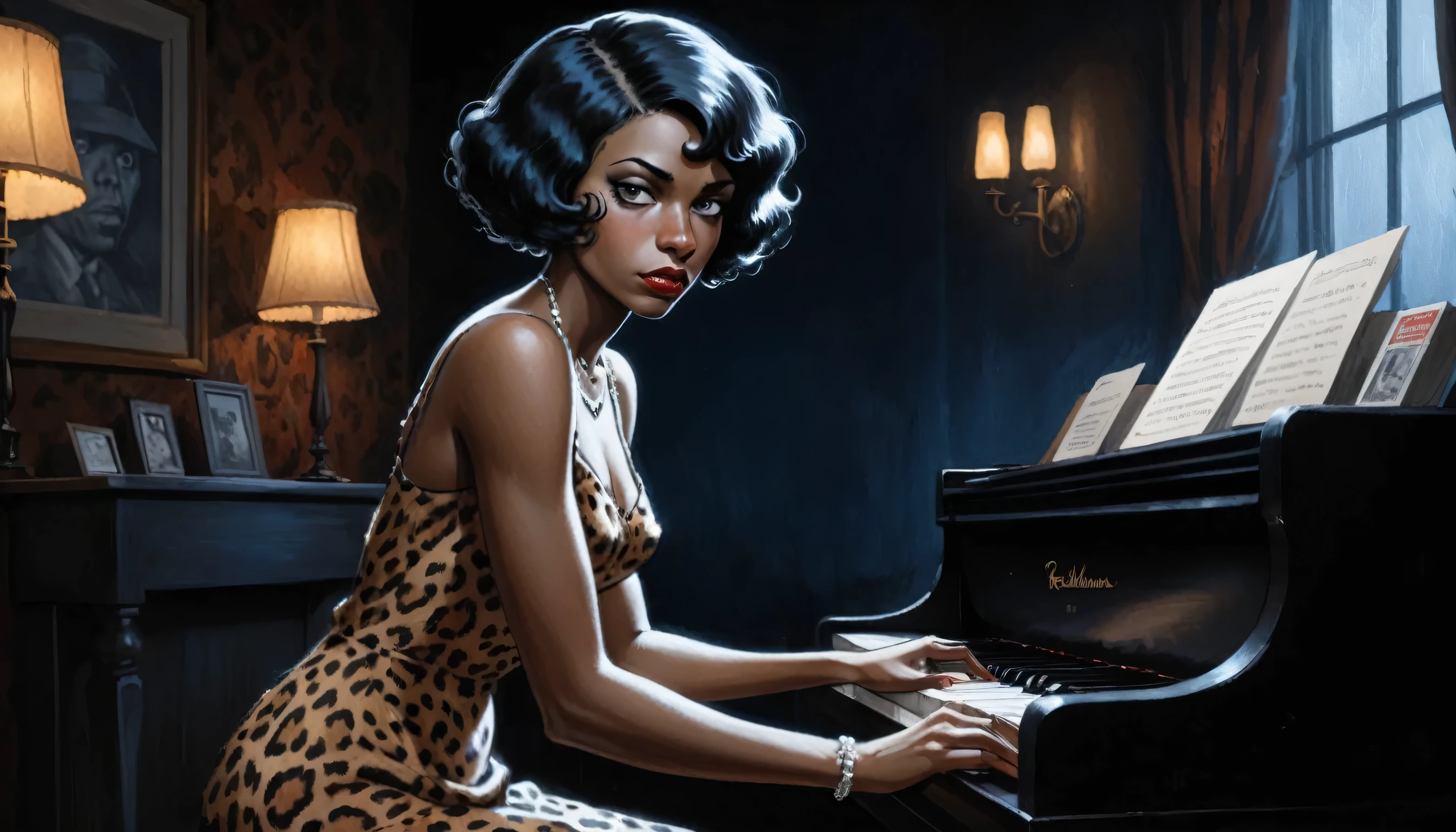 robert johnson, gritty, alabama bar, blue note, charismatic , leopard skin dress, illustration, noir fantasy, lone lady, sad ending, pianist