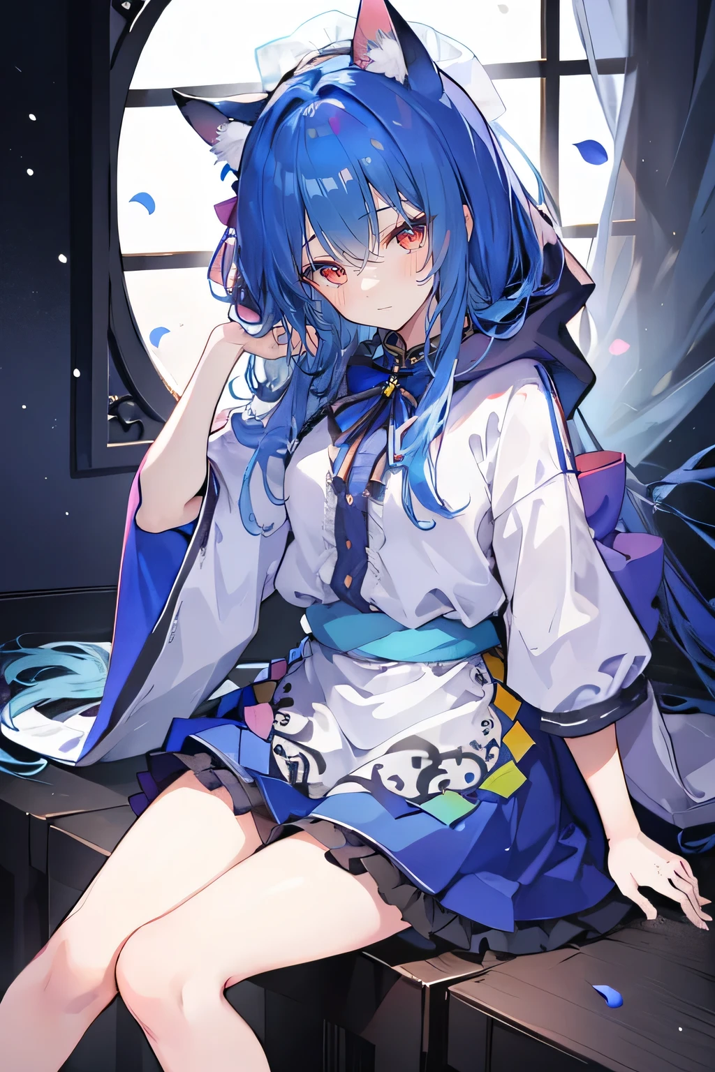 (masterpiece:1.2),Super detailed,lifelike,Expressive eyes,fair skin,perfect face shape,1 girl,
Japanese comics,Gorgeous blue hair,flowing blue hair,flowing clothes,Cat ears,Petals fall,beautiful lola,Baby Angel,
Shaking head with one hand,Cross your legs,Gentle and peaceful background,The pavilion is cool and comfortable,smile, wearing hoodie, In front of the window,snowing,Clear sky,Witch costume,Sitting sideways。