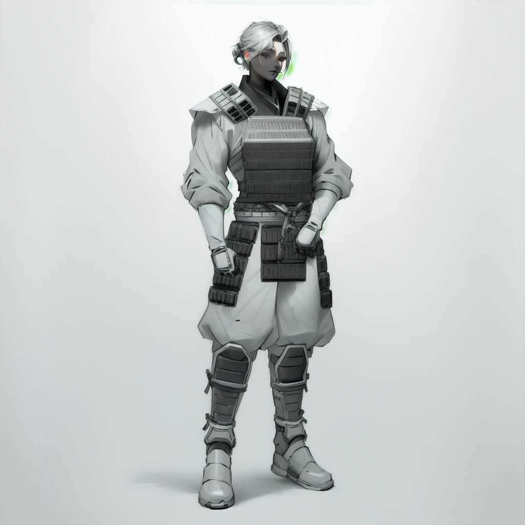 Enhance render style, female full grey uniform, metal grey outfit, dark grey color scheme, monochrome, white background,