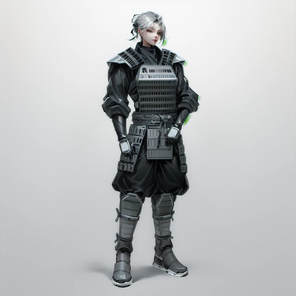 Enhance render style, female full grey uniform, metal grey outfit, dark grey color scheme, monochrome, white background,