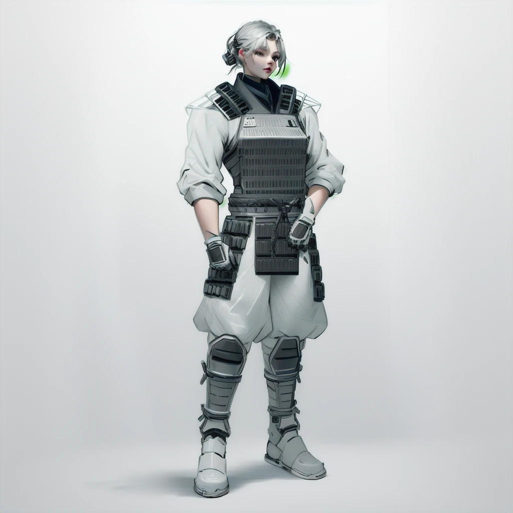 Enhance render style, female full grey uniform, metal grey outfit, dark grey color scheme, monochrome, white background,
