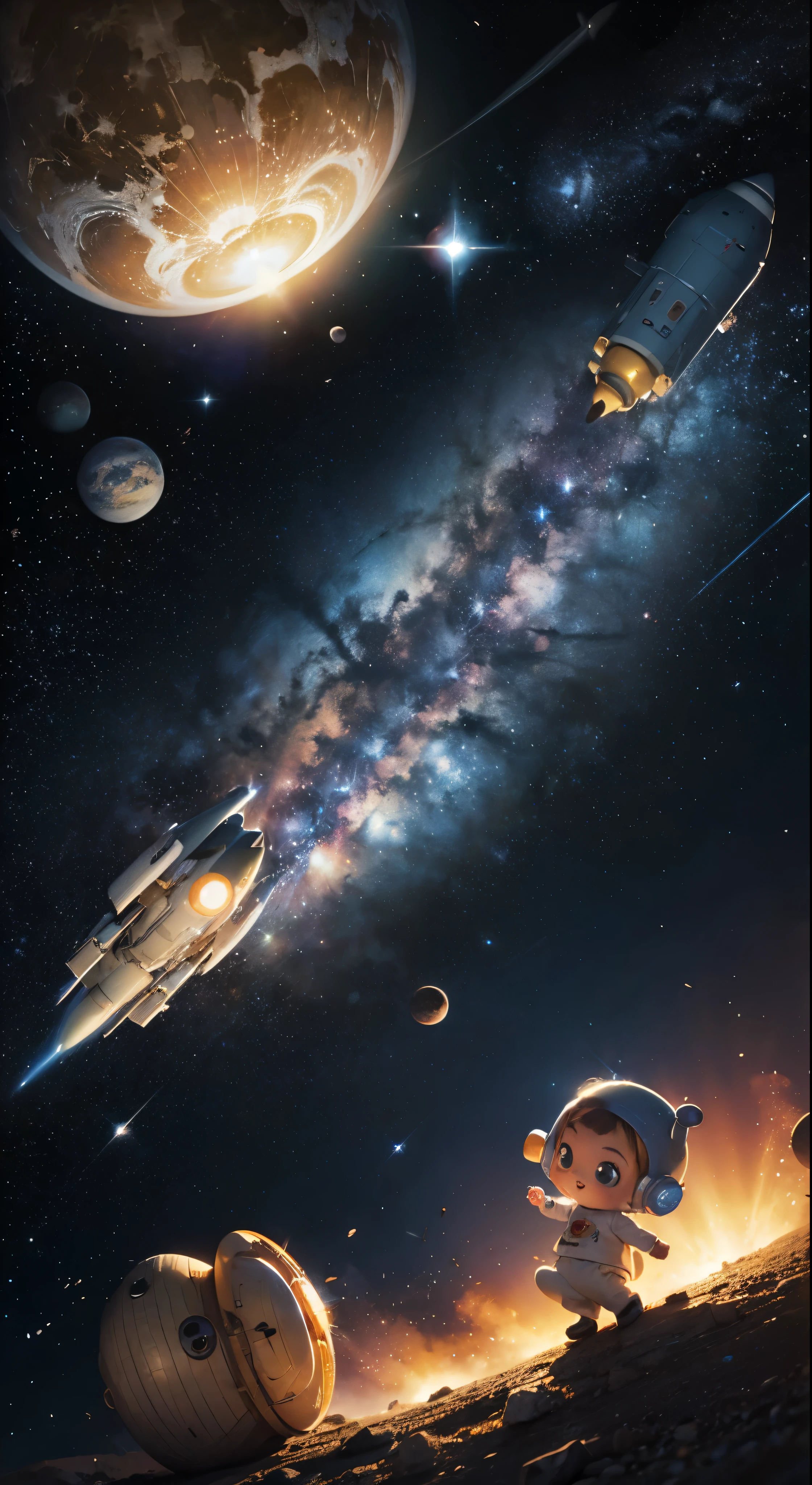 galaxies, rocket, planets, stars, cute illustration, cute art, cute characters, cute digital art, illustrated in whimsical style, children&#39;s illustration, cute features, illustration, cozy calm, cute detailed digital art  