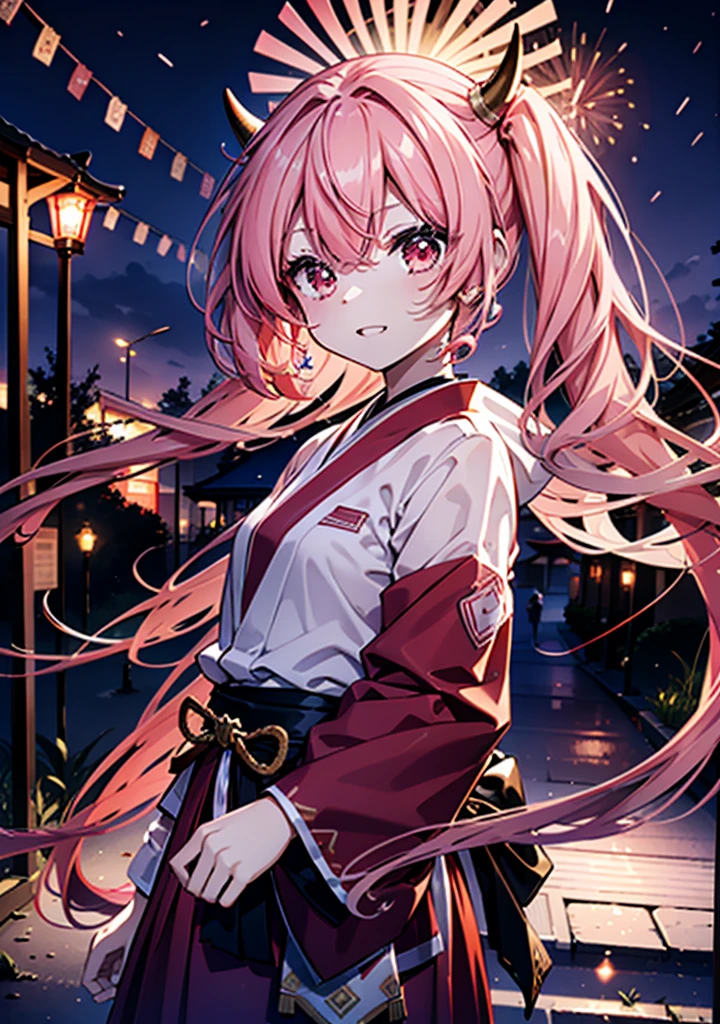 Aria h kanzaki,horn,Pink Hair,Long Hair,low Twin tails,Red eyes,happy smile, smile, Open your mouth,pink kimono,Thick sleeves,Long skirt,日本のfestival,夏festivalの屋台,Red Lantern,night,night空のfirework,firework,場所はfirework大会,時間はnightです,sunny day,turn around,as if,walk, break looking at viewer, Upper Body, (Cowboy Shot:1. 5),
break outdoors, festival,shrine,
break (masterpiece:1.2), Highest quality, High resolution, unity 8k wallpaper, (shape:0.8), (Beautiful attention to detail:1.6), Highly detailed face, Perfect lighting, Highly detailed CG, (Perfect hands, Perfect Anatomy),