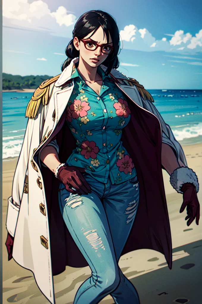 masterpiece, best quality, ultra-detailed, Tashigi, black hair, glasses, epaulettes, gloves, red-framed eyewear, coat, shirt, jeans pants, brown eyes, floral print, floral print shirt, in a beach, cowboy shot, serious, closed mouth, realistic, volumetric lighting, intricate details, tonemapping, sharp focus, hyper detailed, 