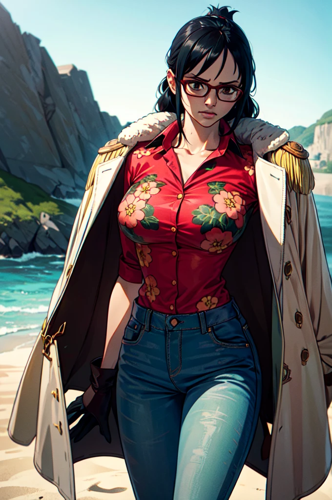 masterpiece, best quality, ultra-detailed, Tashigi, black hair, glasses, epaulettes, gloves, red-framed eyewear, coat, shirt, jeans pants, brown eyes, floral print, floral print shirt, in a beach, cowboy shot, serious, closed mouth, realistic, volumetric lighting, intricate details, tonemapping, sharp focus, hyper detailed, 