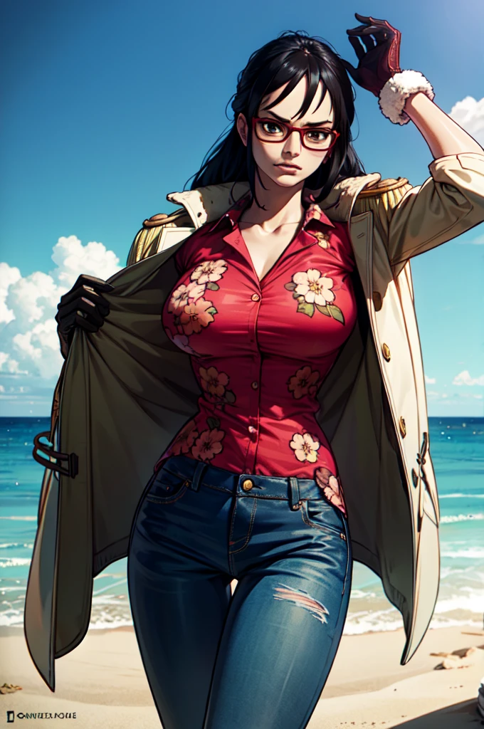 masterpiece, best quality, ultra-detailed, Tashigi, black hair, glasses, epaulettes, gloves, red-framed eyewear, coat, shirt, jeans pants, brown eyes, floral print, floral print shirt, in a beach, cowboy shot, serious, closed mouth, realistic, volumetric lighting, intricate details, tonemapping, sharp focus, hyper detailed, 