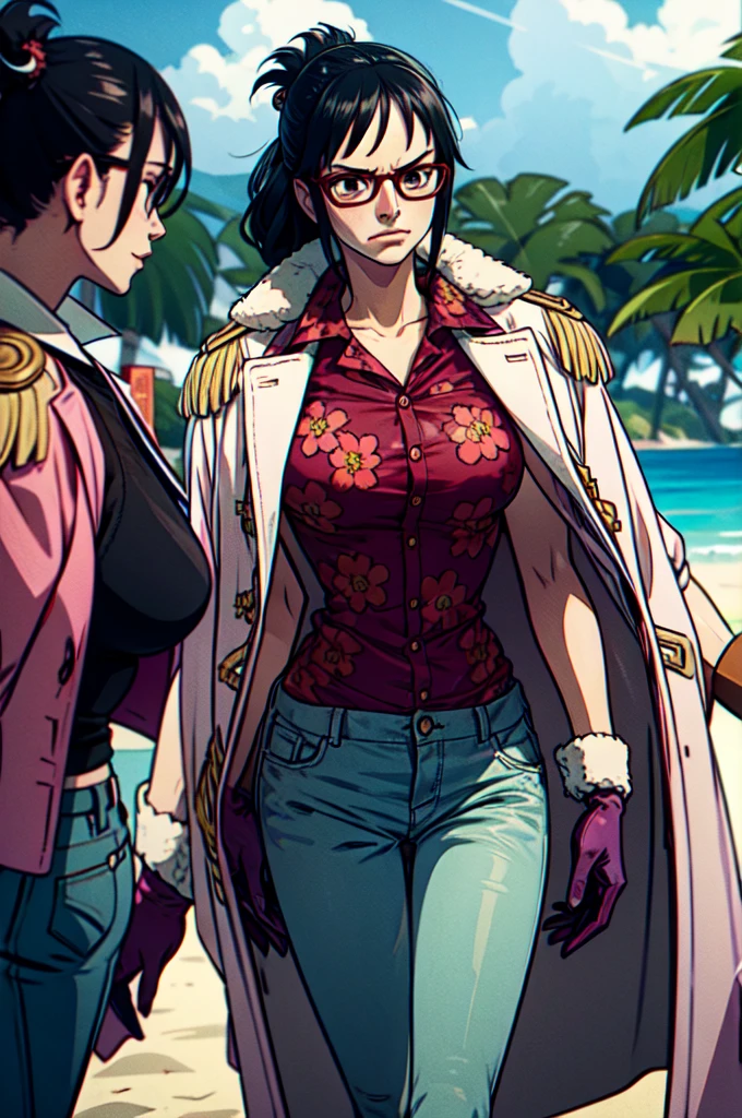 masterpiece, best quality, ultra-detailed, Tashigi, black hair, glasses, epaulettes, gloves, red-framed eyewear, coat, shirt, jeans pants, brown eyes, floral print, floral print shirt, in a beach, cowboy shot, serious, closed mouth, realistic, volumetric lighting, intricate details, tonemapping, sharp focus, hyper detailed, 