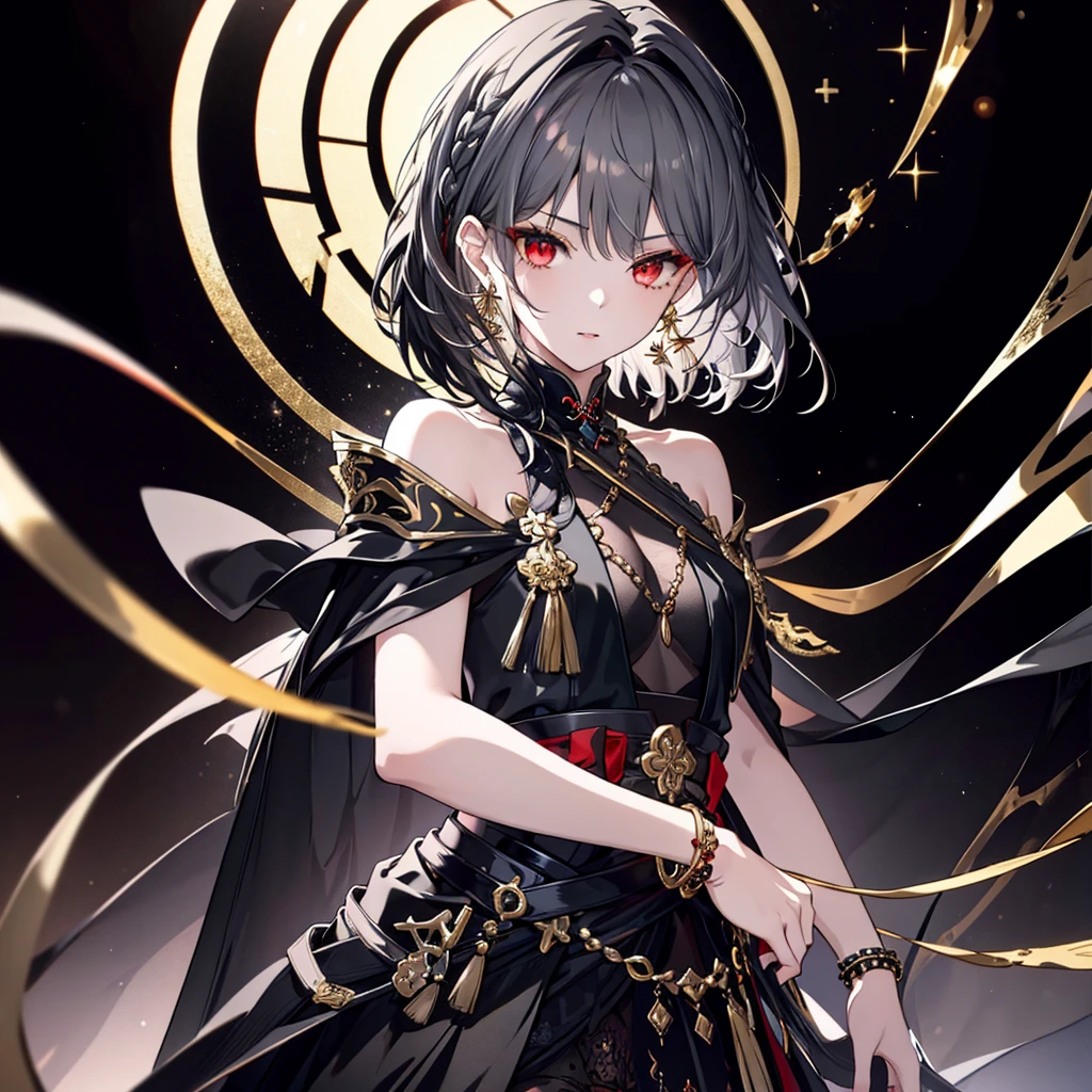8k,High resolution RAW color art,Highest quality;1:2. Anime Art,Silver Marble Skin, (((Very detailed and cool))), Detailed skin, Bokeh、texture,(Exquisitely crafted, The finer details, Ultra-detailed art), (((1 girl))), Depth of written boundary, Silky Touch, Hyper Detail, (((Cool face))), eye shadow、Armed women, Beautiful detailed red eyes, Beautiful lip detail, Highly detailed face, Delicate depiction of hair and eyes, Detailed Fashion, Golden Earrings,Full body depiction, Black half top、Shoulder Bare、Black shorts、Waist Cloak、black tights、Golden decoration, Grey Hair, Golden bracelet, Straight Hair、Short Hair、(((Hair)))、Calm background、(((Black theme)))、snow、Side view、Crouch、look up