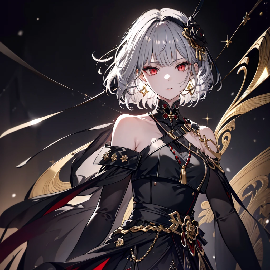 8k,High resolution RAW color art,Highest quality;1:2. Anime Art,Silver Marble Skin, (((Very detailed and cool))), Detailed skin, Bokeh、texture,(Exquisitely crafted, The finer details, Ultra-detailed art), (((1 girl))), Depth of written boundary, Silky Touch, Hyper Detail, (((Cool face))), eye shadow、Armed women, Beautiful detailed red eyes, Beautiful lip detail, Highly detailed face, Delicate depiction of hair and eyes, Detailed Fashion, Golden Earrings,Full body depiction, Black half top、(((Shoulder Bare)))、Black shorts、Waist Cloak、black tights、Golden decoration, Grey Hair, Golden bracelet, Straight Hair、Short Hair、(((Hair)))、Calm background、(((Black theme)))、snow、Side view、Crouch、look up、Matte