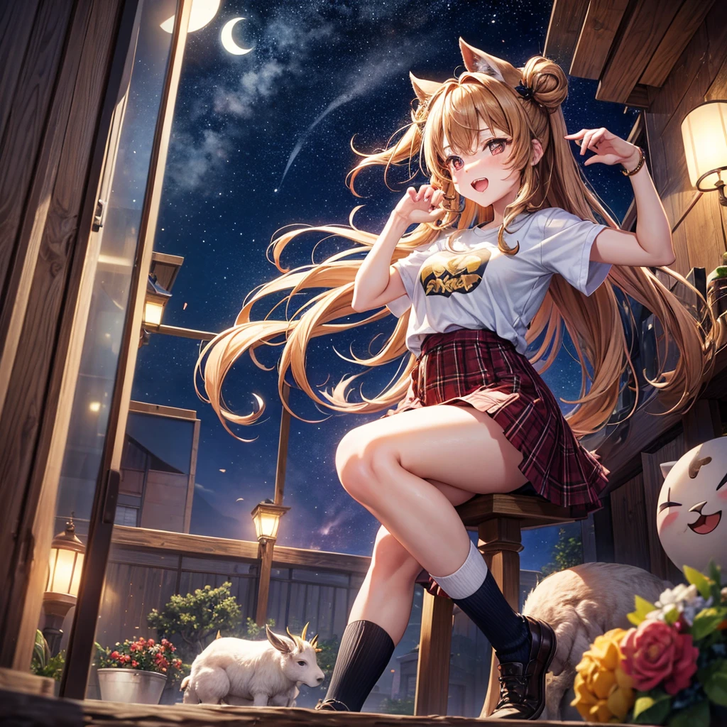 Brown and gold hair、Red gold eyes、Hair tied up、One good looking girl、solo、anime、Checkered mini skirt、T-Shirts、Black knee-high socks、Teeth are visible、Starry Sky、Midnight Moon、Confetti、A large cherry tree growing on the top of a rocky mountain、Home々、Light is flowing、Wearing a bell、Petting a goat