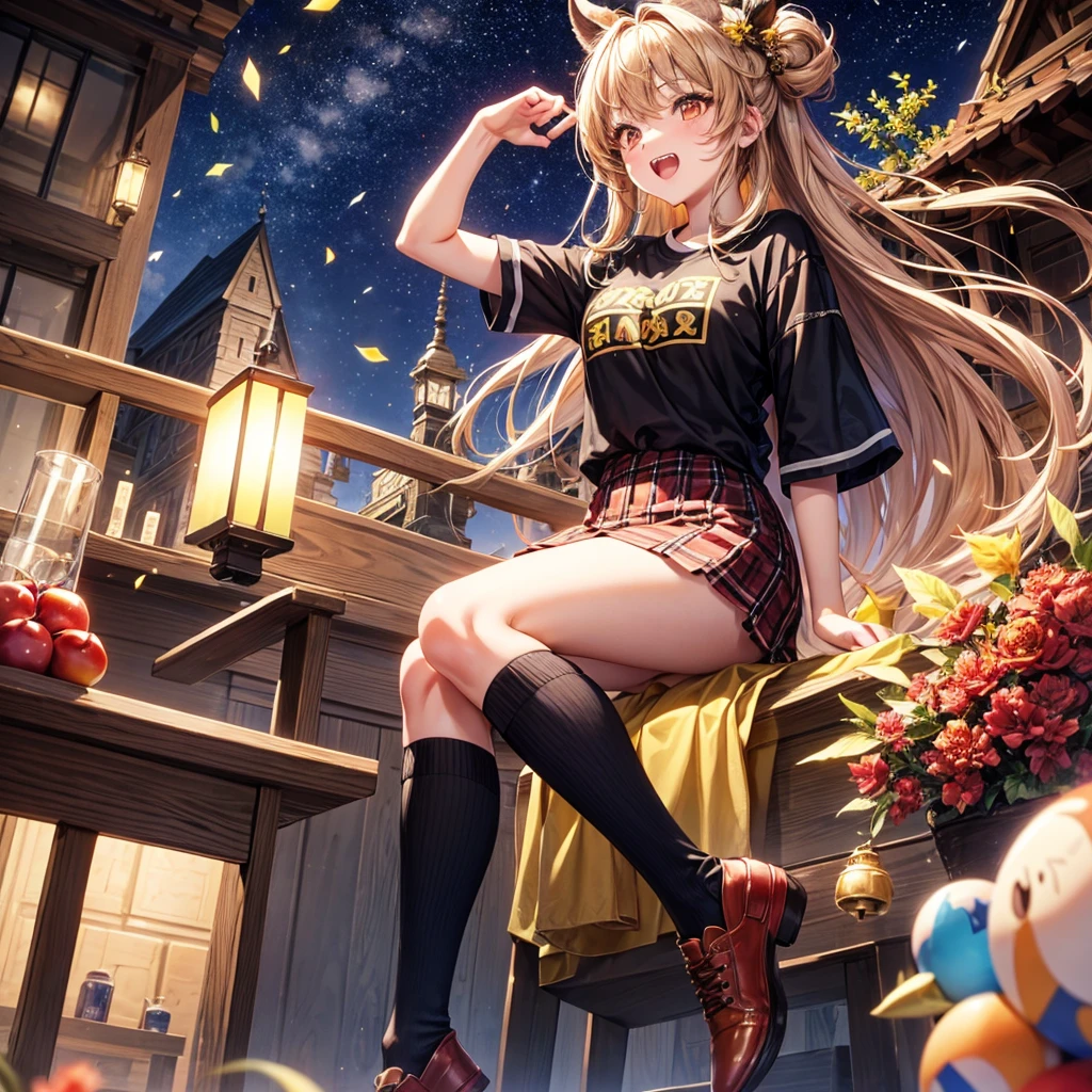 Brown and gold hair、Red gold eyes、Hair tied up、One good looking girl、solo、anime、Checkered mini skirt、T-Shirts、Black knee-high socks、Teeth are visible、Starry Sky、Midnight Moon、Confetti、A large cherry tree growing on the top of a rocky mountain、Home々、Light is flowing、Wearing a bell、Petting a goat