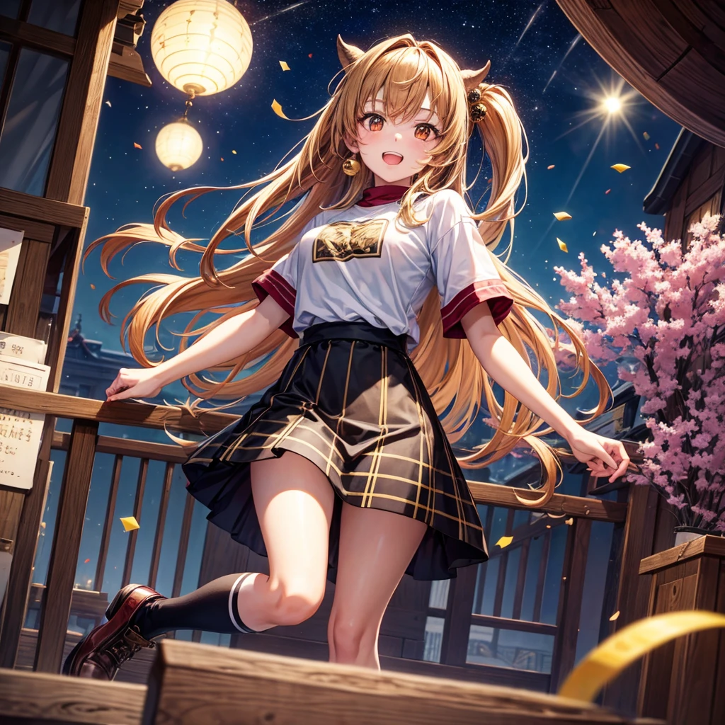 Brown and gold hair、Red gold eyes、Hair tied up、One good looking girl、solo、anime、Checkered mini skirt、T-Shirts、Black knee-high socks、Teeth are visible、Starry Sky、Midnight Moon、Confetti、A large cherry tree growing on the top of a rocky mountain、Home々、Light is flowing、Wearing a bell、Petting a goat
