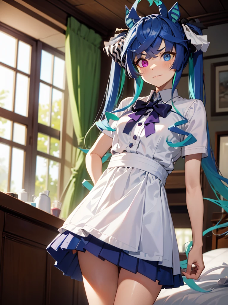 (masterpiece、top-quality、hight resolution), In a dimly lit hotel room, a man sits on the edge of the bed, looking shocked and uncomfortable. Standing in front of him is a woman dressed as an escort, who he quickly recognizes as the delinquent girl who used to bully him in school. Her expression is a mix of surprise and amusement as she realizes who he is. She stands with one hand on her hip and a teasing smile on her face, clearly enjoying his discomfort. The room is simple, with a bed, nightstand, and dim lighting, creating an intimate yet tense atmosphere. The focus is on their facial expressions and body language, highlighting the awkward and unexpected reunion. Twin_Turbo_Umamusume, aqua hair, twintails, heterochromia, purple eyes, blue eyes, sharp teeth,hores tails, nsfw