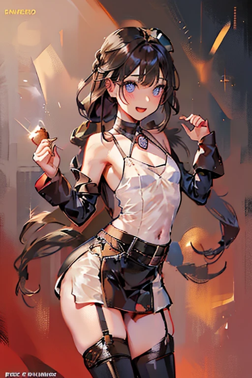 (small breasts:1.2), (perky chest:1.2), (pointed chest:1.2), (Pudding cake magazine cover:1.3),(from below:1.0),(shoot from the side:1.1),masterpiece, 1girl, Amazing Cleavage:1.1, thin waist, optimum,tmasterpiece,hight resolution,best qualtiy,hyper HD,super detailing,awardwinning,a 18yo cute girl,(The upper part of the body),anatomy correct,Beautiful Black miniskirt,garters,Gaze,Small face,bangss,holster,Beautuful Women,hands up,leg holster,Gaze,black boots,Cowboy Shot,cute face,a blond,Longhaire,Twin-tailed,Braids, Hairline,（scarlet eyes）,long eyelasher,Hanging eye corners,White skin of the, ((see through camisole:1.1)), ((Sheer nipples:1.0)),Rocket Tits,(Slim body),smile,seductive weak smiling,(with sparkling eyes and a contagious smile),little open mouth, Looking at Viewer,
