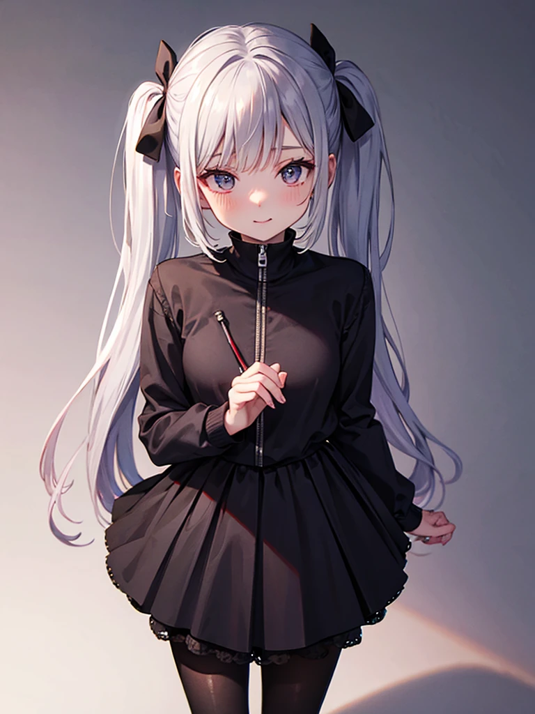 from above,silver hair, twintails, very long hair, アニメ, best quality, masterpiece、Black mini skirt、Black high neck half zipper、Black Pantyhose、looking at the camera、Just a little laugh