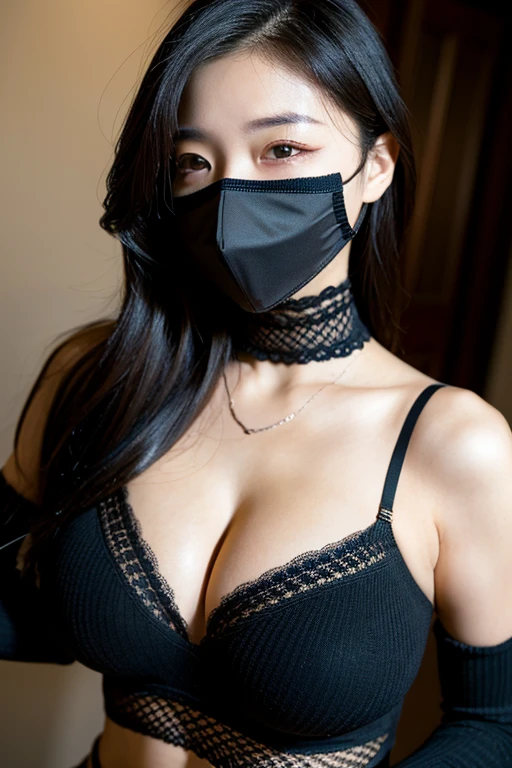 (Cinematic Aesthetic:1.4) Photo of a beautiful korean fashion model bokeh, wearing lace mouth mask, see through outfit, bodysuit, lingerie black, lace gauntlet
