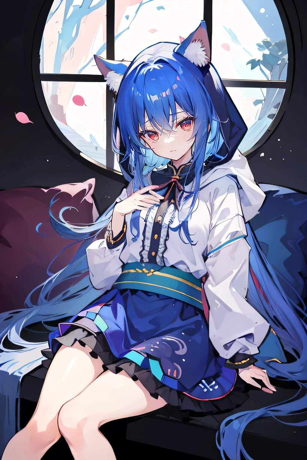 (masterpiece:1.2),Super detailed,lifelike,Expressive eyes,fair skin,perfect face shape,1 girl,
Japanese comics,Gorgeous blue hair,flowing blue hair,flowing clothes,Cat ears,Petals fall,beautiful lola,Baby Angel,
Shaking head with one hand,Cross your legs,Gentle and peaceful background,The pavilion is cool and comfortable,smile, wearing hoodie, In front of the window,snowing,Clear sky,Witch costume,Sitting sideways。