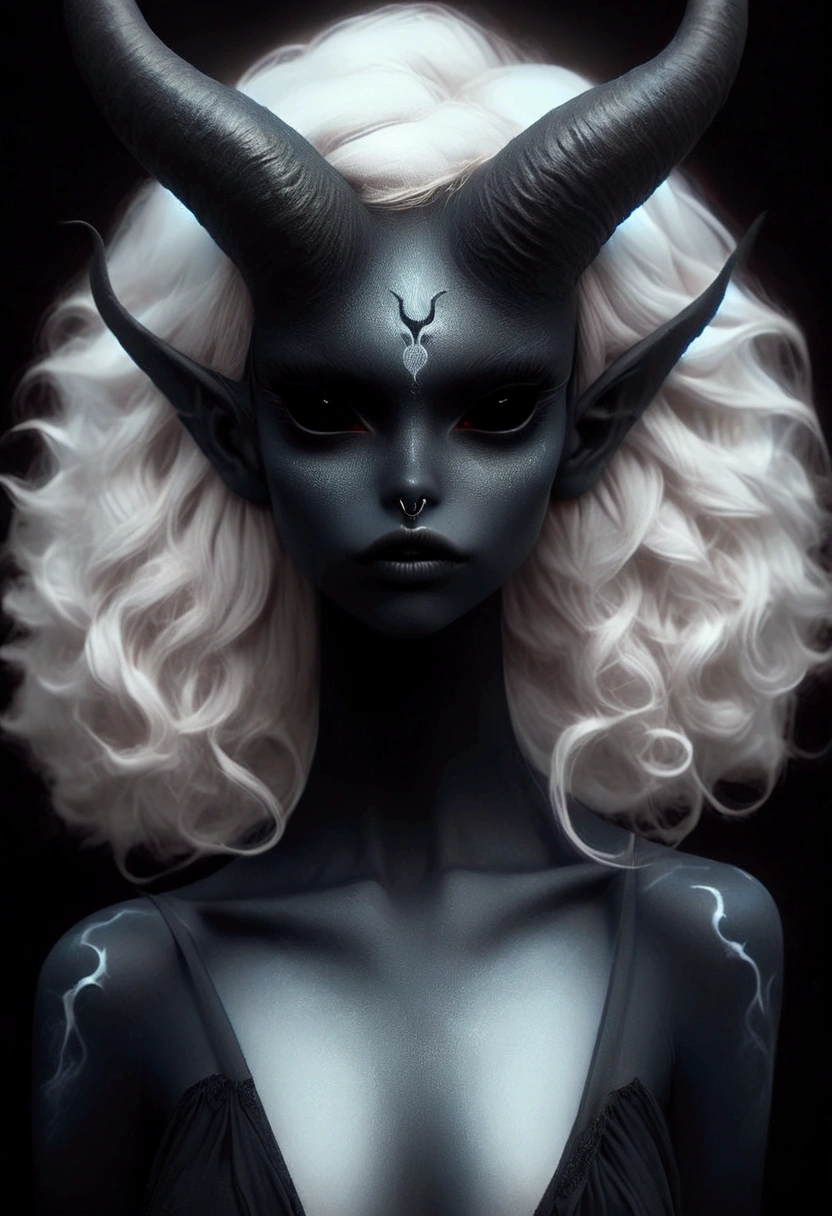 demon with high quality detail, demoness with beautiful model face, shimering lips, model face, black and grey color, half body pose, very high detail, 8K resolution, bright red lipstick, chubby, blue eyes, fat, dark grey background, no horn