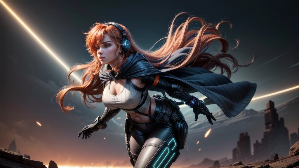 Foreshortened frontal shot of a stunning 30-year-old inspired by Bryce Dallas Howard, her striking features illuminated by starlight. He wears a tight-fitting high-tech cyber combat suit that allows you to admire his toned physique and fits his body like a glove, metallic black combat gloves, technological combat wristbands with display, very long curly and disheveled orange-red hair that falls messily. in ringlets over her breasts, combat headset with microphone, thigh holster with futuristic weapon, physically powerful girl, fit girl, dark green eyes, thick pink lips, round ass and perfect buttocks, narrow waist, normal hips, heavy makeup Very colorful tribal tattoos all over the body, absolute beauty. The girl is wearing a dark blue cape with a torn hood that is blown in the wind, very worn and broken. In the background the image of a mysterious and dark alien planet, which draws the gaze away. of the beholder of the captivating smile of the young beauty. Captivating and mysterious alien otherworldly landscape, with alien ruins and alien vegetation