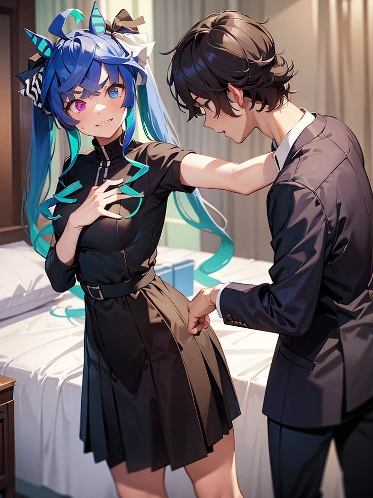 (masterpiece、top-quality、hight resolution), In a dimly lit hotel room, a man sits on the edge of the bed, looking shocked and uncomfortable. Standing in front of him is a woman dressed as an escort, who he quickly recognizes as the delinquent girl who used to bully him in school. Her expression is a mix of surprise and amusement as she realizes who he is. She stands with one hand on her hip and a teasing smile on her face, clearly enjoying his discomfort. The room is simple, with a bed, nightstand, and dim lighting, creating an intimate yet tense atmosphere. The focus is on their facial expressions and body language, highlighting the awkward and unexpected reunion. Twin_Turbo_Umamusume, aqua hair, twintails, heterochromia, purple eyes, blue eyes, sharp teeth,hores tails, nsfw