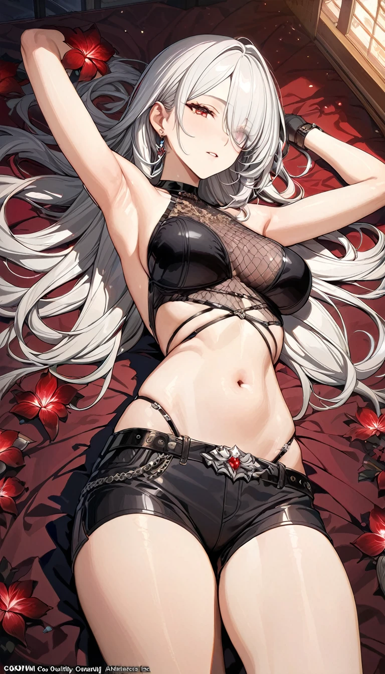 (masterpiece, Highest quality, Highest quality, Official Art, beautifully、aesthetic:1.2),(8k, Highest quality, masterpiece:1.2), (((masterpiece))),(((Highest quality))),(((extremely detailed))),illustratiのsuperior,Who, (masterpiece, Highest quality, Highest quality, Official Art, beautifully、aesthetic:1.2),(8k, Highest quality, masterpiece:1.2), detailed, (masterpiece:1.2), (青whiteい_skin:1.2), (alone:1.2), (woman), thin, (Shine_eye), red_eye, shorts, lのsuperiorg_hair, Glovess, flower, belly button, white_hair, armpits, Spider_Yuri, black_Glovess, short_shorts, tattoo, black_shorts, Broke up_lips, Lie in, single_Gloves, のsuperior_return, eye_appear_Through_hair, Stomach, red_flower, 前hair, belt, arm_superior, abdomen, asymmetrical_Glovess, cowboy_shot, independent_sleeve, just_shoulder, red_Glovess