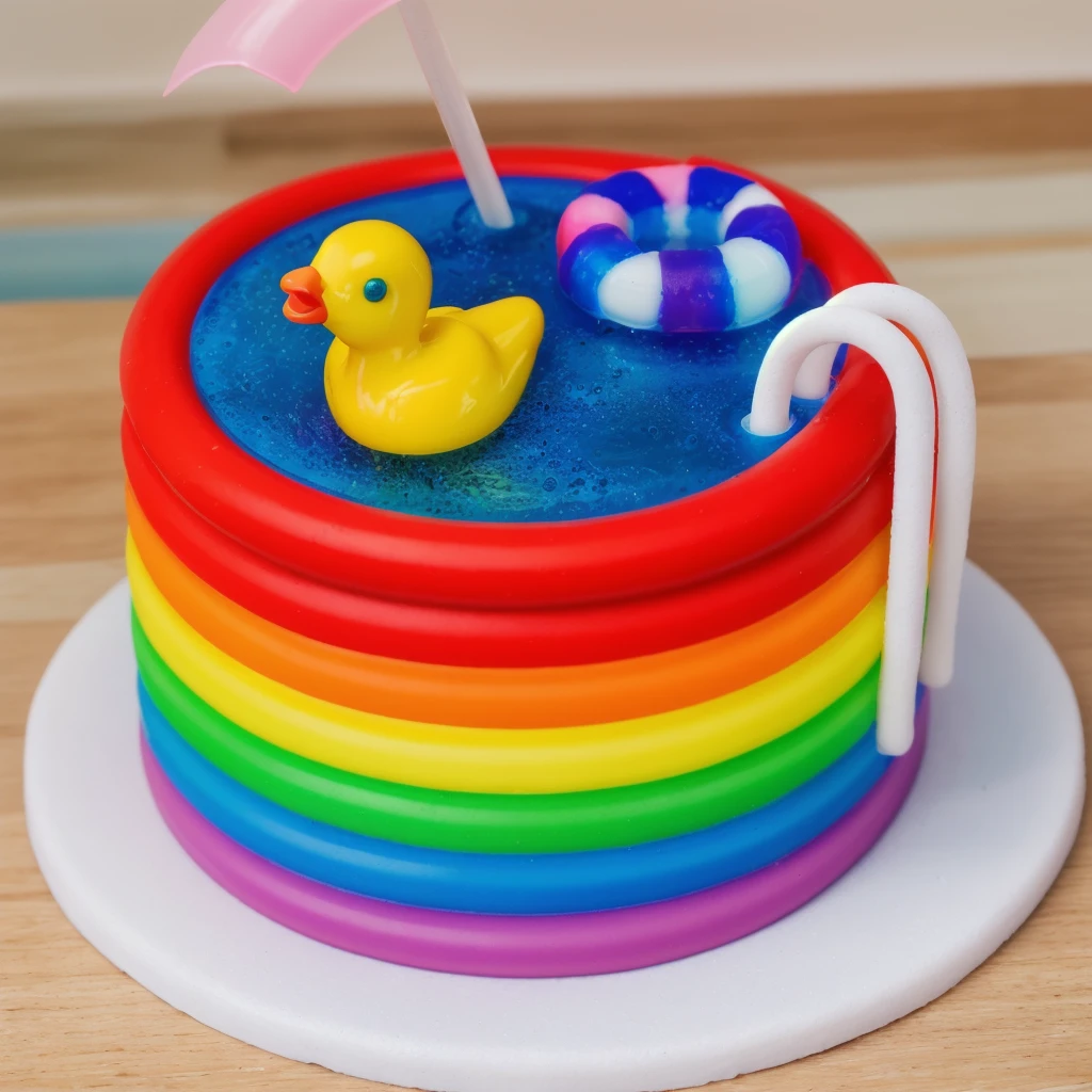 on a wooden table. there is a white plate. rainbow cake IMITATING POOL, RAINBOW STRIPS FROM POLYMER CLAY. blue jelly with bubbles. a plastic duck toy floats on it. nearby is a lifebuoy made of polymer clay, two white railings for the stairs, Beautiful light from the window, contour light, Multiple light sources, beautiful sunlight, Bright light source, bright lighting, beautiful light sources, Multiple light sources, Realistic style , realistic texture, detailed texture, a high resolution, high quality, macro photography