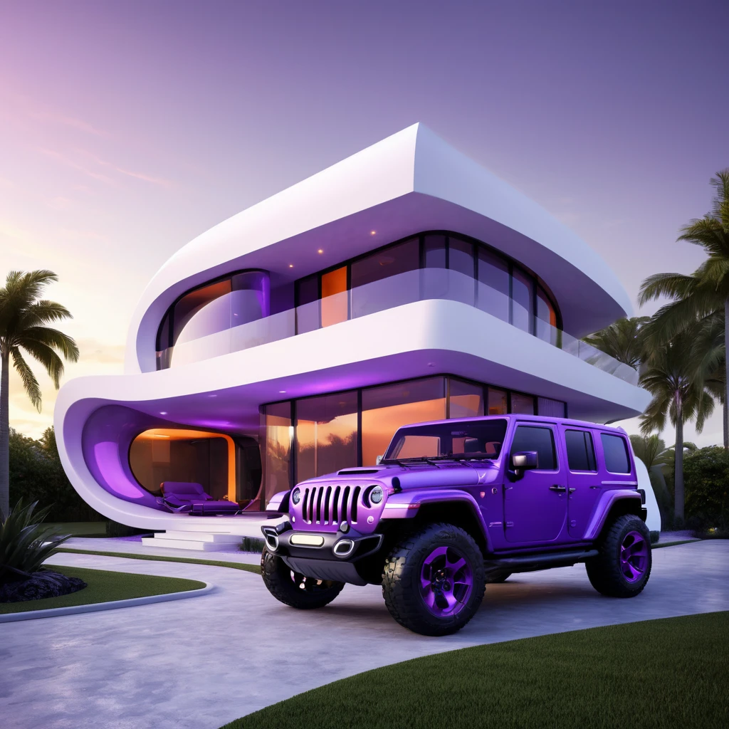 a futuristic house with a purple jeep wrangler parked in front of it, cgsocietywlop, beautiful curves, intricate devilish designs, qualia, interesting shapes & form, wow factor, elaborate polished, architectural rendering, miami, orange soft lighting in interior of house, futuristic battlefield, inspired by James E. Brewton, precise architectural rendering