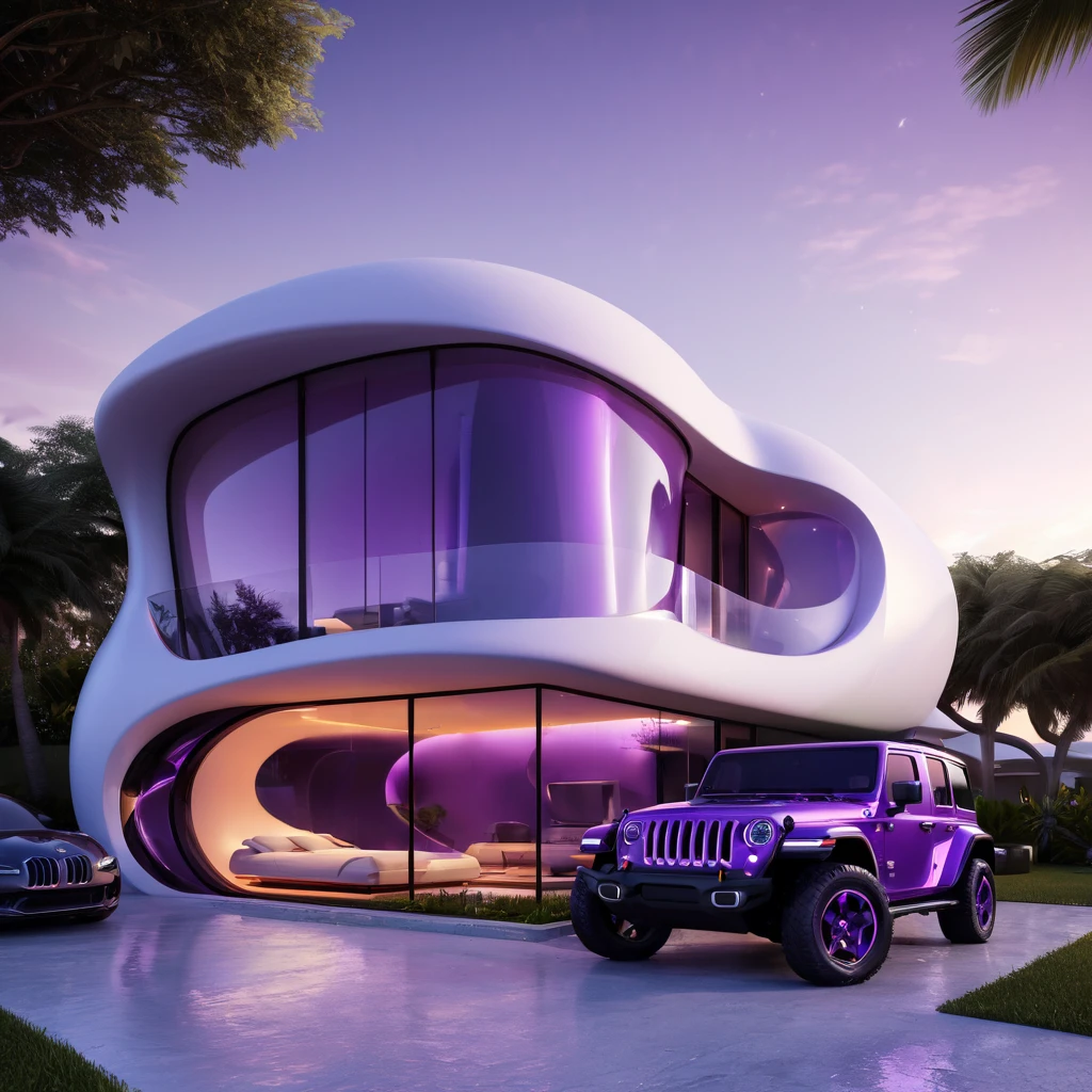 a futuristic house with a purple jeep wrangler parked in front of it, cgsocietywlop, beautiful curves, intricate devilish designs, qualia, interesting shapes & form, wow factor, elaborate polished, architectural rendering, miami, orange soft lighting in interior of house, futuristic battlefield, inspired by James E. Brewton, precise architectural rendering