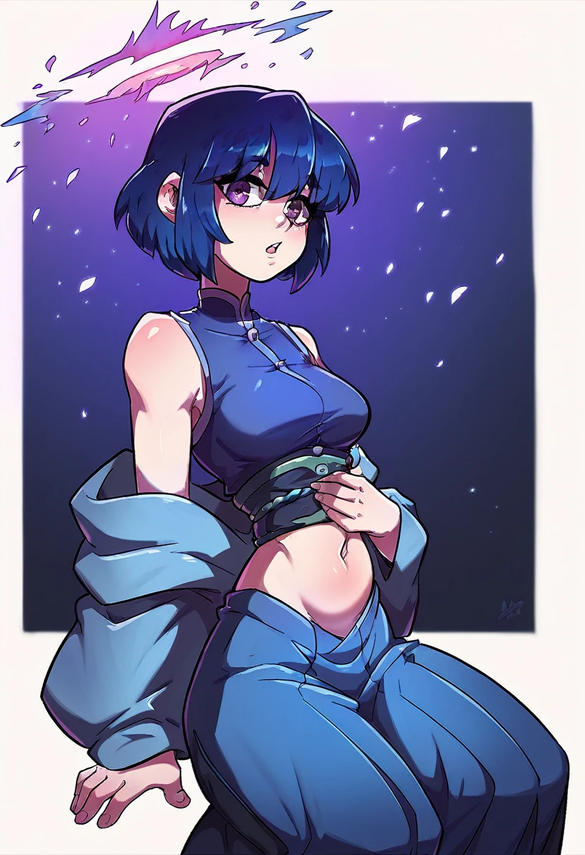 Girl, medium ruffled layered blue hair, purple eyes, open belly, Masterpiece, hiquality, Good detail, hakama outfit with stomach exposed, half-body shot above waist, fire halo. Simple artstyle. Sitting down.