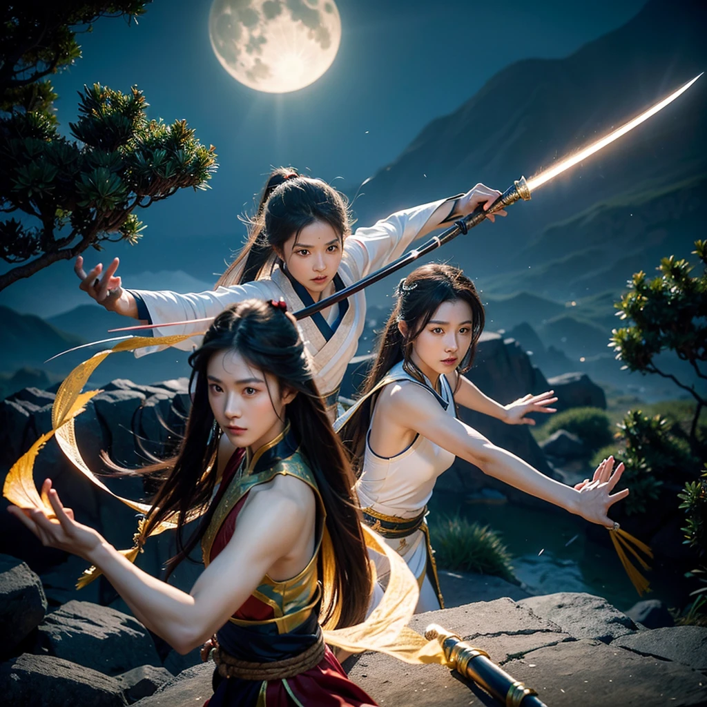The creation of the Chinese Classic of Mountains and Seas style is like the puppet show characters in TV movies, Hollywood fight scenes, Hanfu martial arts drama, six major characters appearing with glowing bodies, super congenital people, six people, six roles, six duels, meditating, and killing in the stunning martial arts world. image, This sword, halberd, tactics, spells, magic art, flying around requires a fantasy fairy-like duel with lighting scenes, a battle of no return, Swordsman, Tianlong, Eight Parts, Legend of the Condor Heroes, The Legend of the Condor Heroes, Full Moon Scimitar, Thunderbolt International Multimedia Tianyu International Multimedia Gods and Demons International Multimedia Zheng Wen Style Ink Comics Martial Arts Gu Long Martial Arts Mortals Cultivation to Immortality 