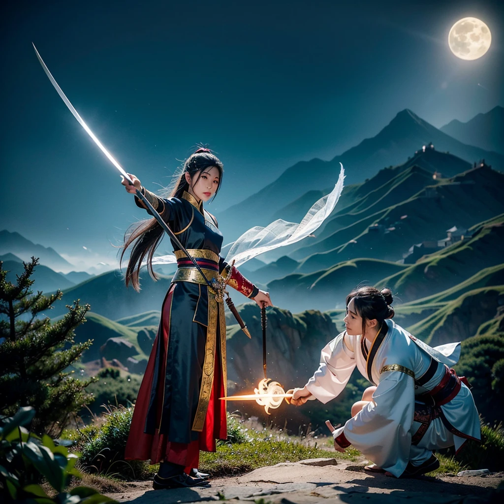 The creation of the Chinese Classic of Mountains and Seas style is like the puppet show characters in TV movies, Hollywood fight scenes, Hanfu martial arts drama, six major characters appearing with glowing bodies, super congenital people, six people, six roles, six duels, meditating, and killing in the stunning martial arts world. image, This sword, halberd, tactics, spells, magic art, flying around requires a fantasy fairy-like duel with lighting scenes, a battle of no return, Swordsman, Tianlong, Eight Parts, Legend of the Condor Heroes, The Legend of the Condor Heroes, Full Moon Scimitar, Thunderbolt International Multimedia Tianyu International Multimedia Gods and Demons International Multimedia Zheng Wen Style Ink Comics Martial Arts Gu Long Martial Arts Mortals Cultivation to Immortality