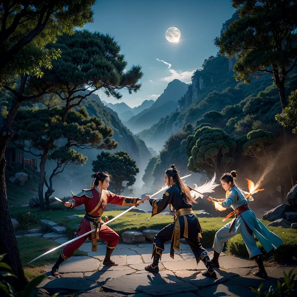 The creation of the Chinese Classic of Mountains and Seas style is like the puppet show characters in TV movies, Hollywood fight scenes, Hanfu martial arts drama, six major characters appearing with glowing bodies, super congenital people, six people, six roles, six duels, meditating, and killing in the stunning martial arts world. image, This sword, halberd, tactics, spells, magic art, flying around requires a fantasy fairy-like duel with lighting scenes, a battle of no return, Swordsman, Tianlong, Eight Parts, Legend of the Condor Heroes, The Legend of the Condor Heroes, Full Moon Scimitar, Thunderbolt International Multimedia Tianyu International Multimedia Gods and Demons International Multimedia Zheng Wen Style Ink Comics Martial Arts Gu Long Martial Arts Mortals Cultivation to Immortality