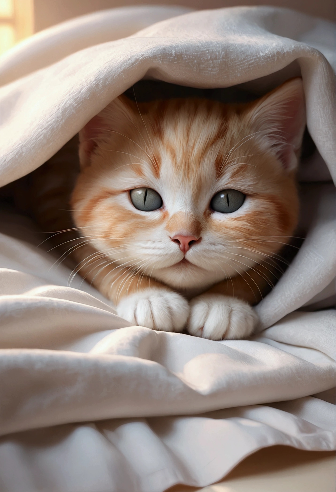 Sleep in bed, Close your eyes and sleep, Kitty, ベットでAre sleeping美しい子猫, Little Cat, baby, Volumetric Light, Ultra-realistic, Intricate details, shape, Painting, watercolor, Cute Chibi, ah!, Shallow depth of field, Pastel Color Palette, Soft lighting, Minimum, Modern, Digital Painting, Lois Van Bell、Ross Tran、Art by artgerm, Artstation HQのトレンド, Very detailed,sleep,Are sleeping
