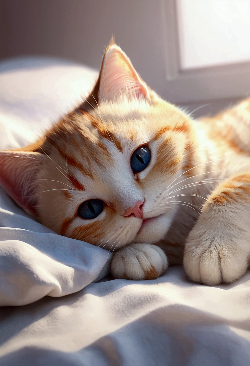 Sleep in bed, Close your eyes and sleep, Kitty, ベットでAre sleeping美しい子猫, Little Cat, baby, Volumetric Light, Ultra-realistic, Intricate details, shape, Painting, watercolor, Cute Chibi, ah!, Shallow depth of field, Pastel Color Palette, Soft lighting, Minimum, Modern, Digital Painting, Lois Van Bell、Ross Tran、Art by artgerm, Artstation HQのトレンド, Very detailed，sleep，Are sleeping