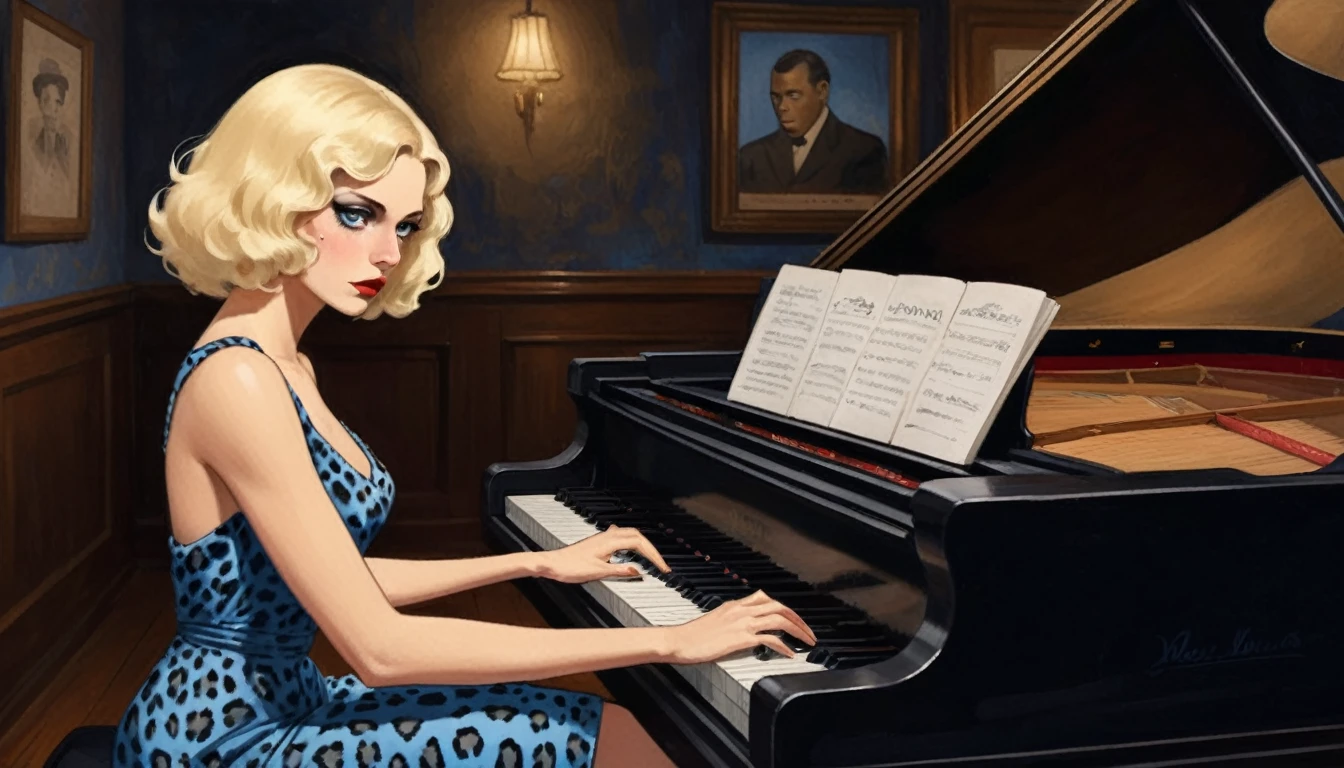 robert johnson, gritty, alabama bar, blue note, charismatic , leopard skin dress, illustration, ???? fantasy, lone blonde lady, sad ending, pianist