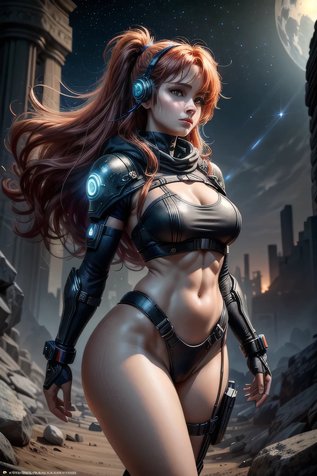 Foreshortened frontal shot of a stunning 30-year-old inspired by Bryce Dallas Howard, her striking features illuminated by starlight. He wears a tight-fitting high-tech cyber combat suit that allows you to admire his toned physique and fits his body like a glove, metallic black combat gloves, technological combat wristbands with display, very long curly and disheveled orange-red hair that falls messily. in ringlets over her breasts, combat headset with microphone, thigh holster with futuristic weapon, physically powerful girl, fit girl, dark green eyes, thick pink lips, round ass and perfect buttocks, narrow waist, normal hips, heavy makeup Very colorful tribal tattoos all over the body, absolute beauty. The girl is wearing a dark blue cape with a torn hood that is blown in the wind, very worn and broken. In the background the image of a mysterious and dark alien planet, which draws the gaze away. of the beholder of the captivating smile of the young beauty. Captivating and mysterious alien otherworldly landscape, with alien ruins and alien vegetation
